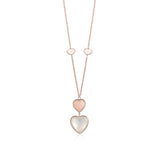 14K Rose Gold Pendant Necklace Double Heart Drop Heart Shape Cabochon Pink Opal and Mother of Pearl Italy 17"
